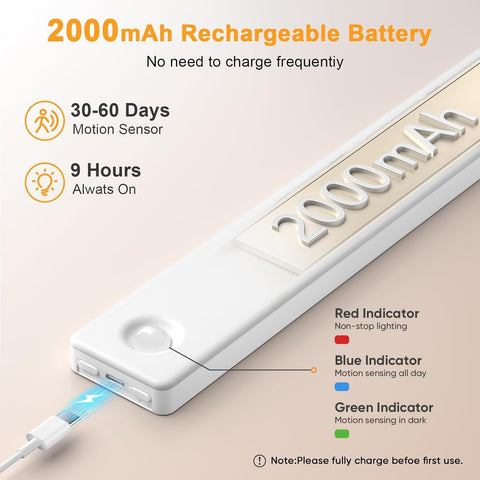 Under Cabinet Lighting, LED Motion Sensor Light Indoor, 2000mAh USB Rechargeable Closet Lights Battery Operated, Stick On Magnetic Wireless Dimmable Under Counter Lights for Kitchen(2 Pack)