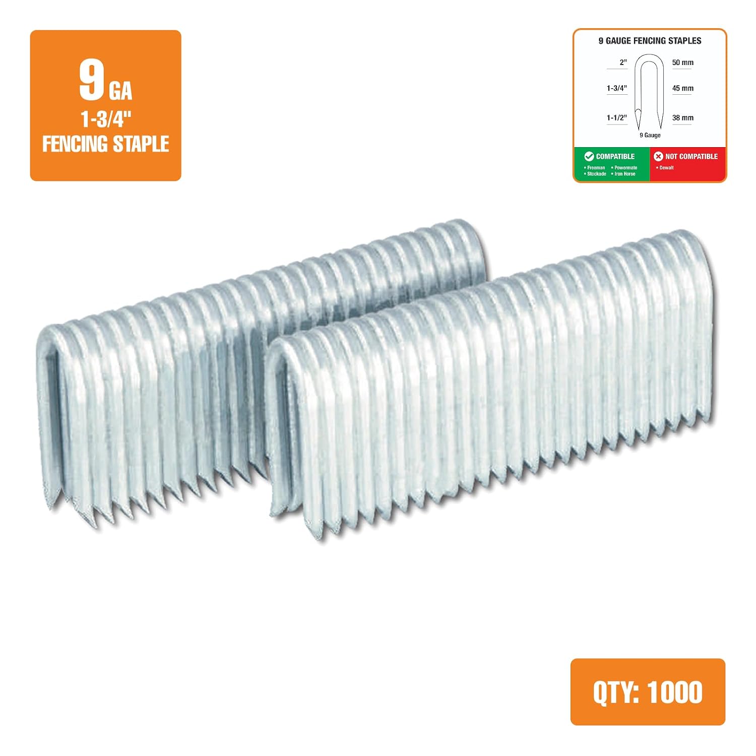 Freeman 9-Gauge Fencing Staples | 1-3/4" | Glue Collated | Galvanized Steel | 1000 Count | Indoor and Outdoor | Livestock Fences, Deer Prevention, Chain Link Fencing, and Farming | FS9G175
