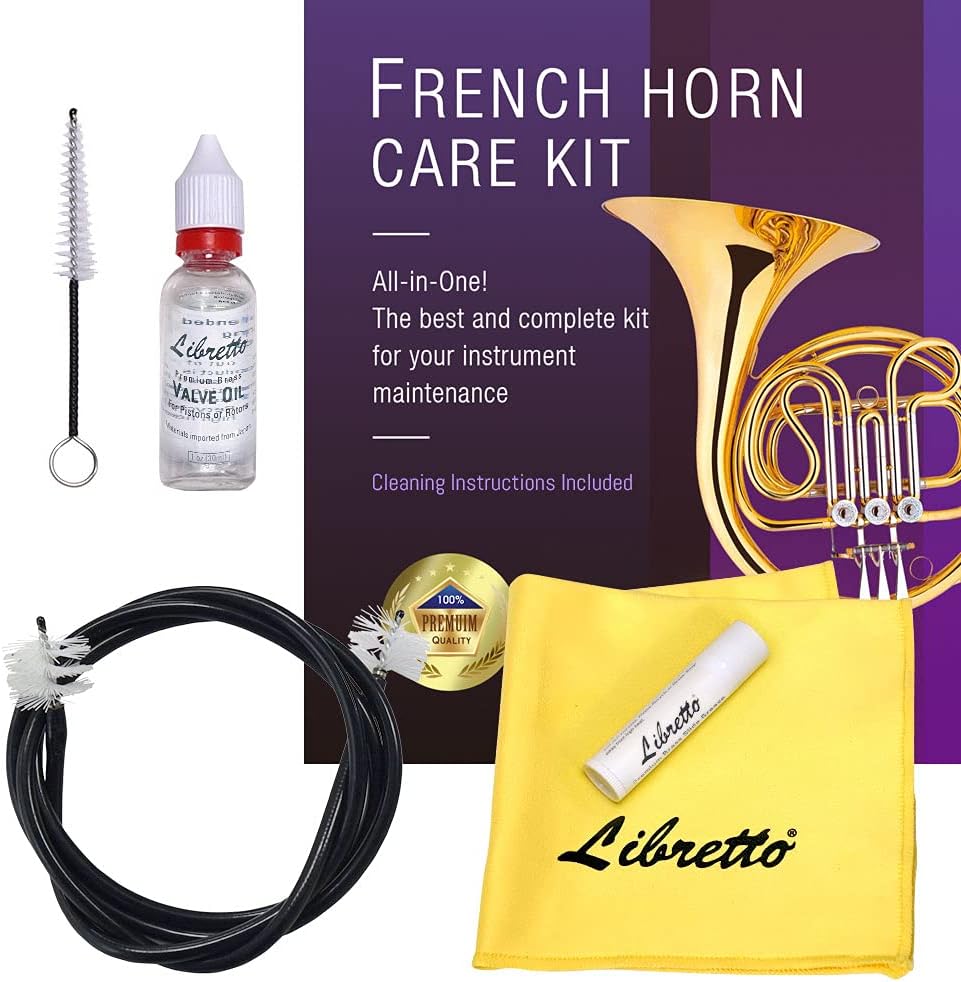 Libretto French Horn ALL-INCLUSIVE Cleaning & Care Kit with Instructions: Valve Oil + Slide Grease + Cleaning Cloth + Mouthpiece & Bore Brushes, Giftable Handy Case. Clean & Extend Life of your Horn
