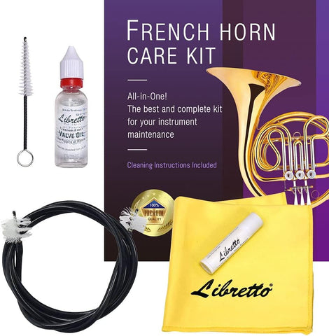 Libretto French Horn ALL-INCLUSIVE Cleaning & Care Kit with Instructions: Valve Oil + Slide Grease + Cleaning Cloth + Mouthpiece & Bore Brushes, Giftable Handy Case. Clean & Extend Life of your Horn