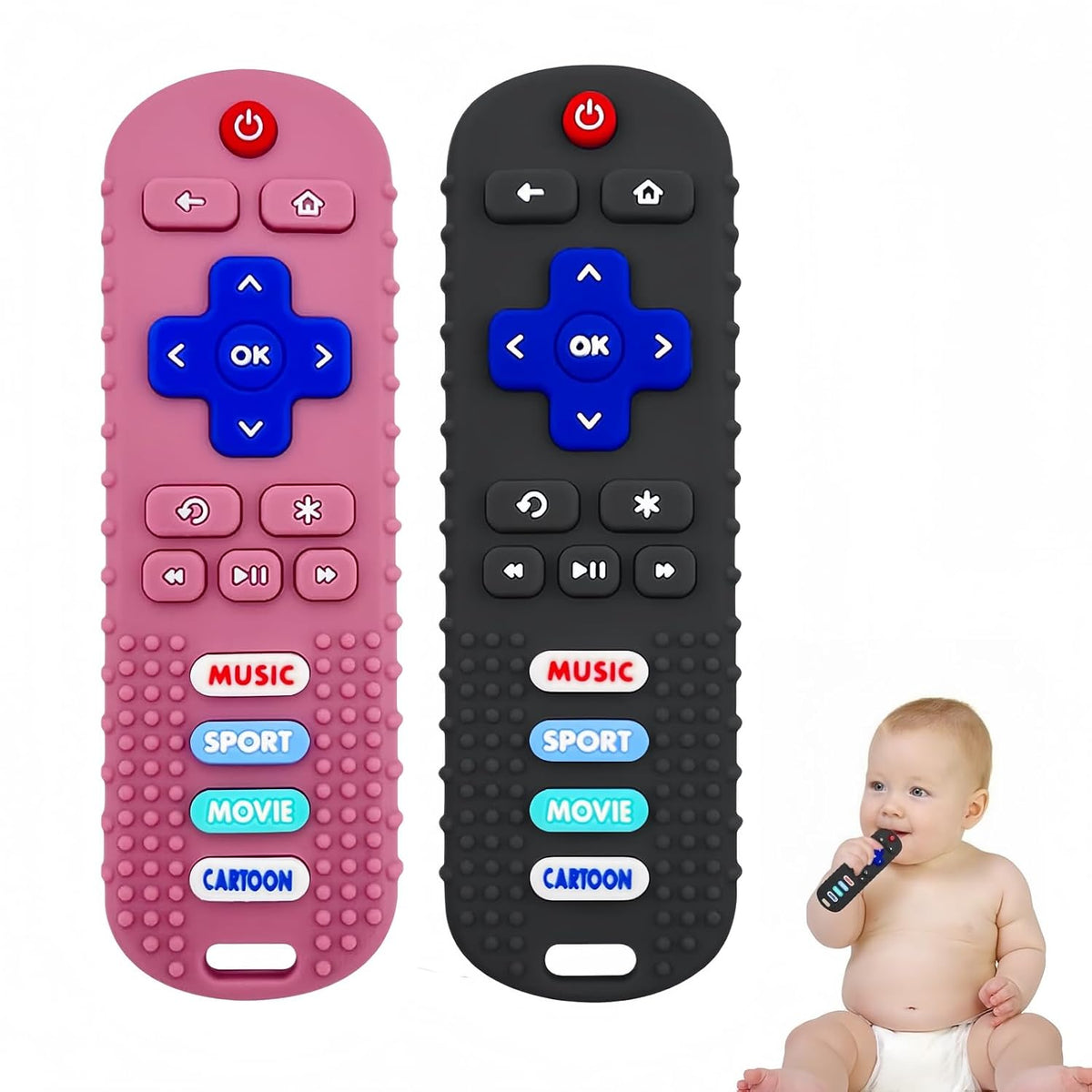 SOLIFEGOBLE 2 Pack Baby Teether Toys,Silicone Remote Teether for Babies,Baby TV Remote Toys,Infant Chew Toys for Babies Chew Toys (Black + Pink)