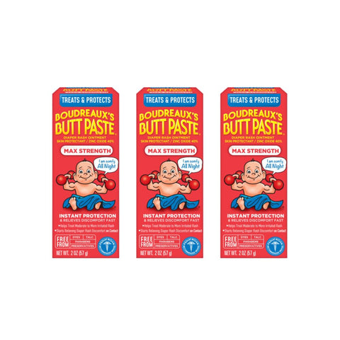Boudreaux's Butt Paste Maximum Strength Diaper Rash Cream, Ointment for Baby, 2 oz Tube, 3 Pack