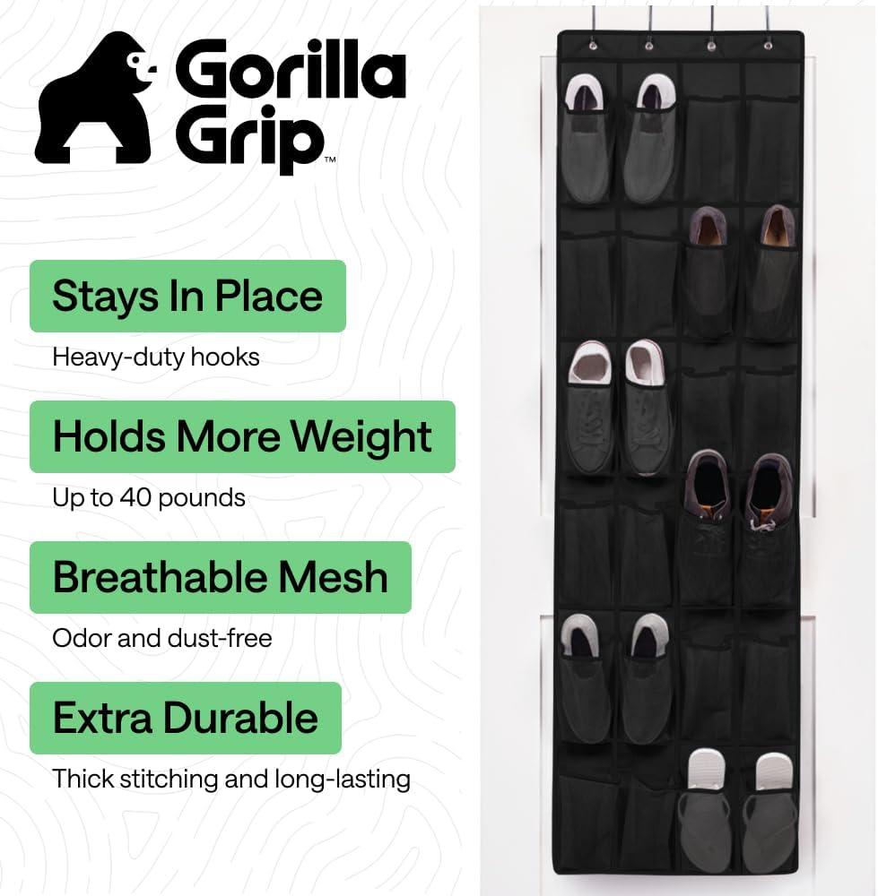 GORILLA GRIP Over the Door Shoe Organizer, 24 Large Pockets, Black