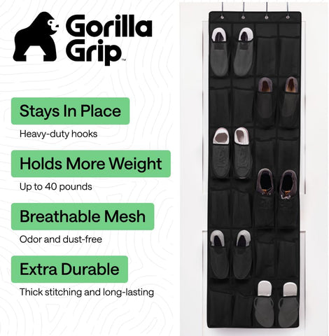 GORILLA GRIP Over the Door Shoe Organizer, 24 Large Pockets, Black