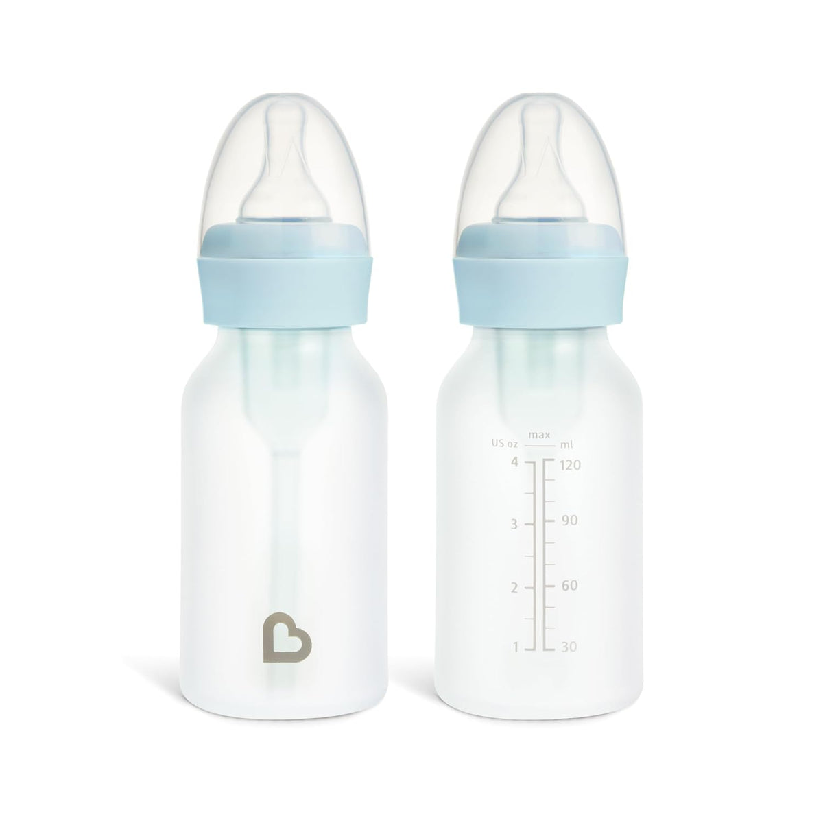 Munchkin Bond Glass Baby Bottles, Anti Colic Baby Bottles for Newborns, 4 oz Silicone Coated BPA Free Slow Flow Bottles for Breastfed Babies, Infant Feeding Bottle Set, 2 Pack, Blue