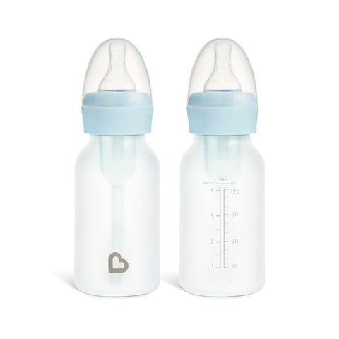 Munchkin Bond Glass Baby Bottles, Anti Colic Baby Bottles for Newborns, 4 oz Silicone Coated BPA Free Slow Flow Bottles for Breastfed Babies, Infant Feeding Bottle Set, 2 Pack, Blue