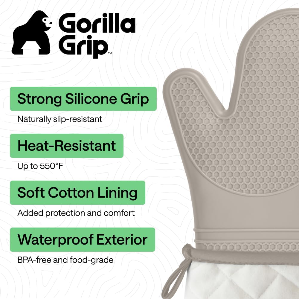 GORILLA GRIP Silicone Oven Mitts, 550F Heat Resistant, 12.5x8.3, Almond