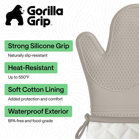 GORILLA GRIP Silicone Oven Mitts, 550F Heat Resistant, 12.5x8.3, Almond