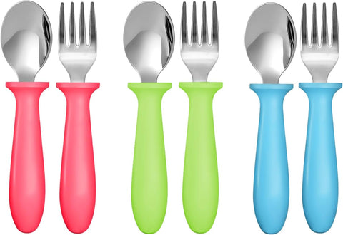 Toddler Flatware Sets 12 Piece Dark Kids Forks and Spoons Stainless Steel Utensils with Easy Grip Handles for Self Feeding Baby Children Boys Girls