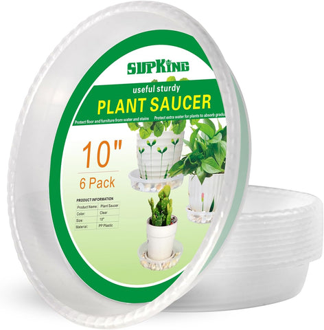 SupKing 6 Pack Plant Saucers Drip Tray, 6 8 10 12 14 15 Inch Heavy Sturdy Plastic Flower Pot Saucers for Indoor,Clear Plastic Planter Water Tray for pots Base (10''-Clear)
