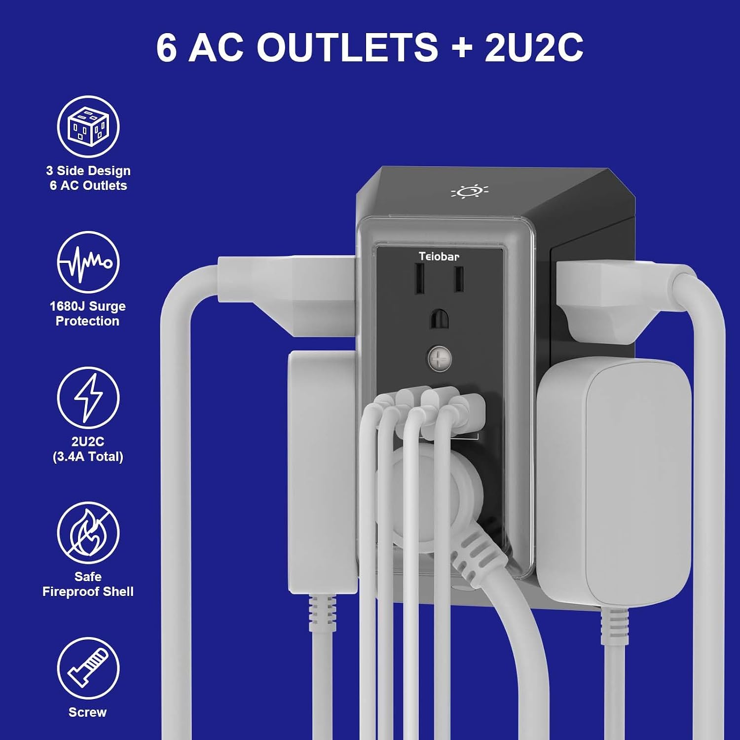 Multi Plug Wall Outlet Surge Protector with 6-Outlet & 4 USB Ports(2USB-C)