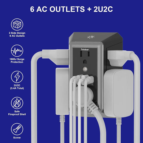Multi Plug Wall Outlet Surge Protector with 6-Outlet & 4 USB Ports(2USB-C)