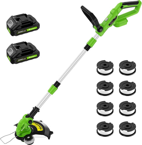 20V Electric Weed Wacker Edger Lawn Tool, Battery Powered Weed Eater 12-Inch Cordless String Trimmer Grass Trimmer Lightweight Yard Tools for Garden, Lawn Mower Cutter 2.0Ah Battery and Charger Green