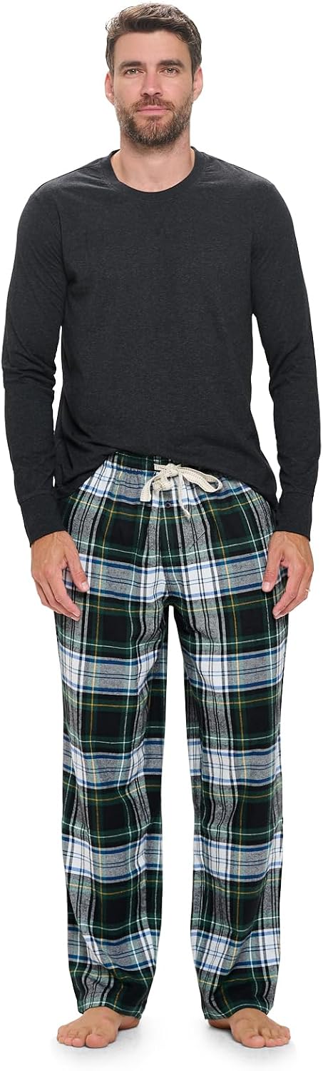 Ashford & Brooks Mens Flannel Pajamas Set, Jersey Cotton Long Sleeve Top & Plaid Pants Flannel Pjs Sets