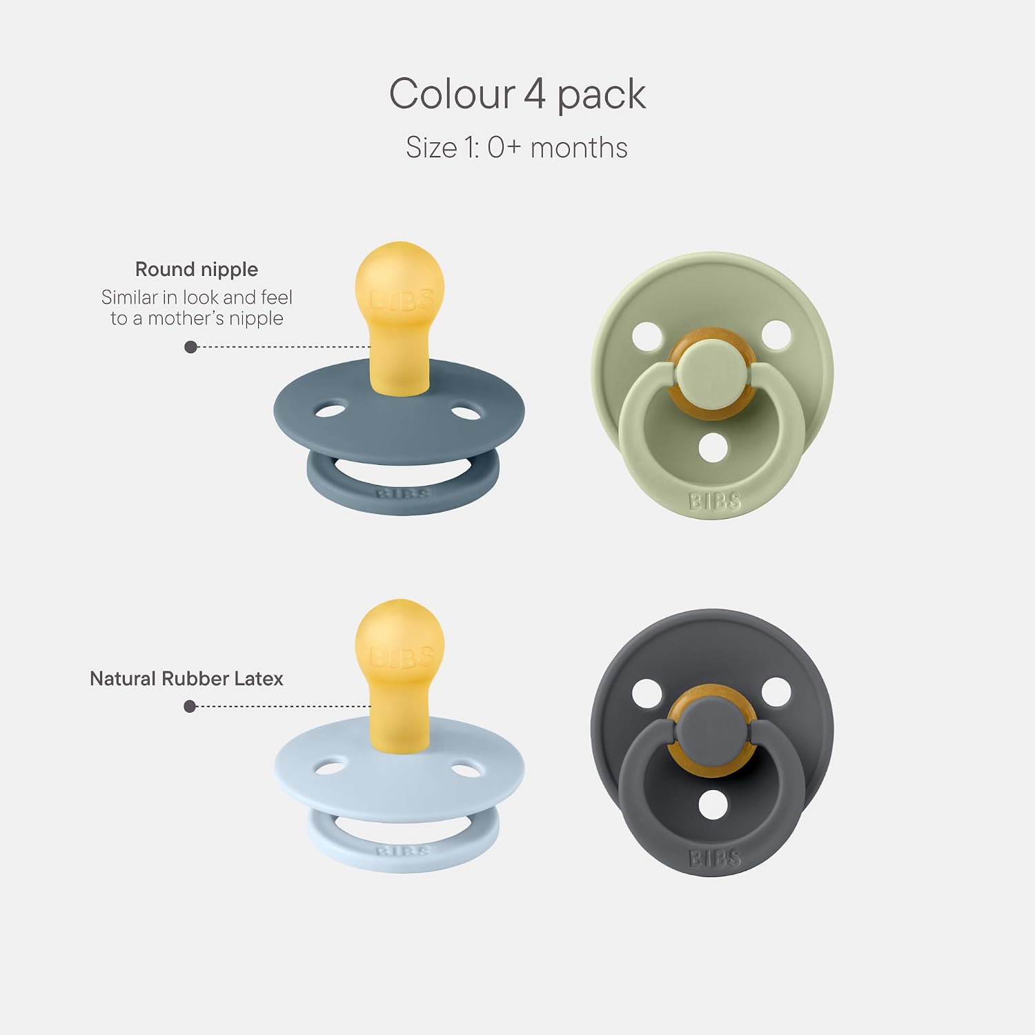 BIBS Colour Pacifier, 0-6 Months, 4-Pack, Round Nipple, Baby Blue Mix