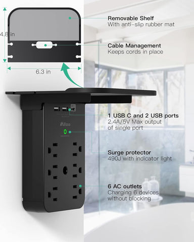 Wall Outlet Extender with Shelf, Surge Protector 6 AC Multi Plug Outlet