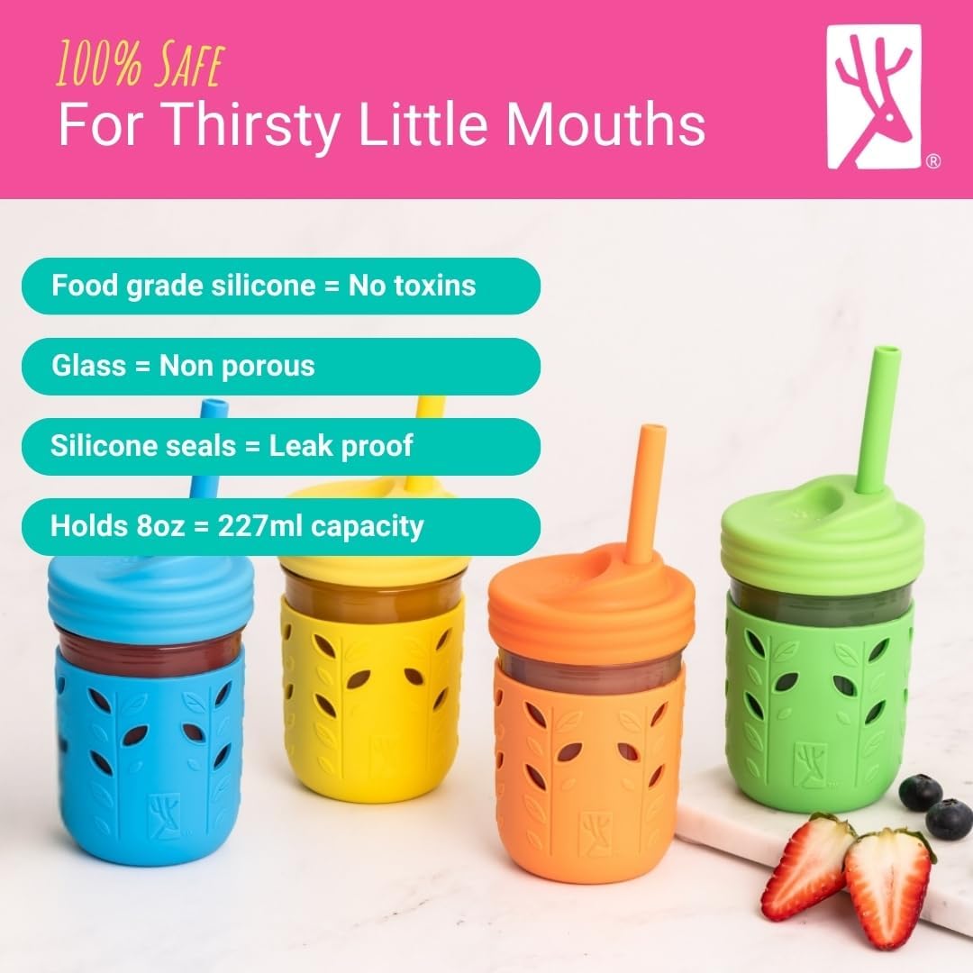 Elk and Friends Kids/Toddler 8oz Glass Mason Jars + Sleeves + Lids | 4pk