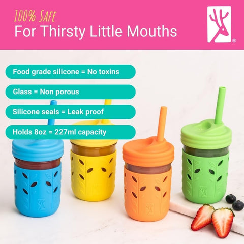 Elk and Friends Kids/Toddler 8oz Glass Mason Jars + Sleeves + Lids | 4pk