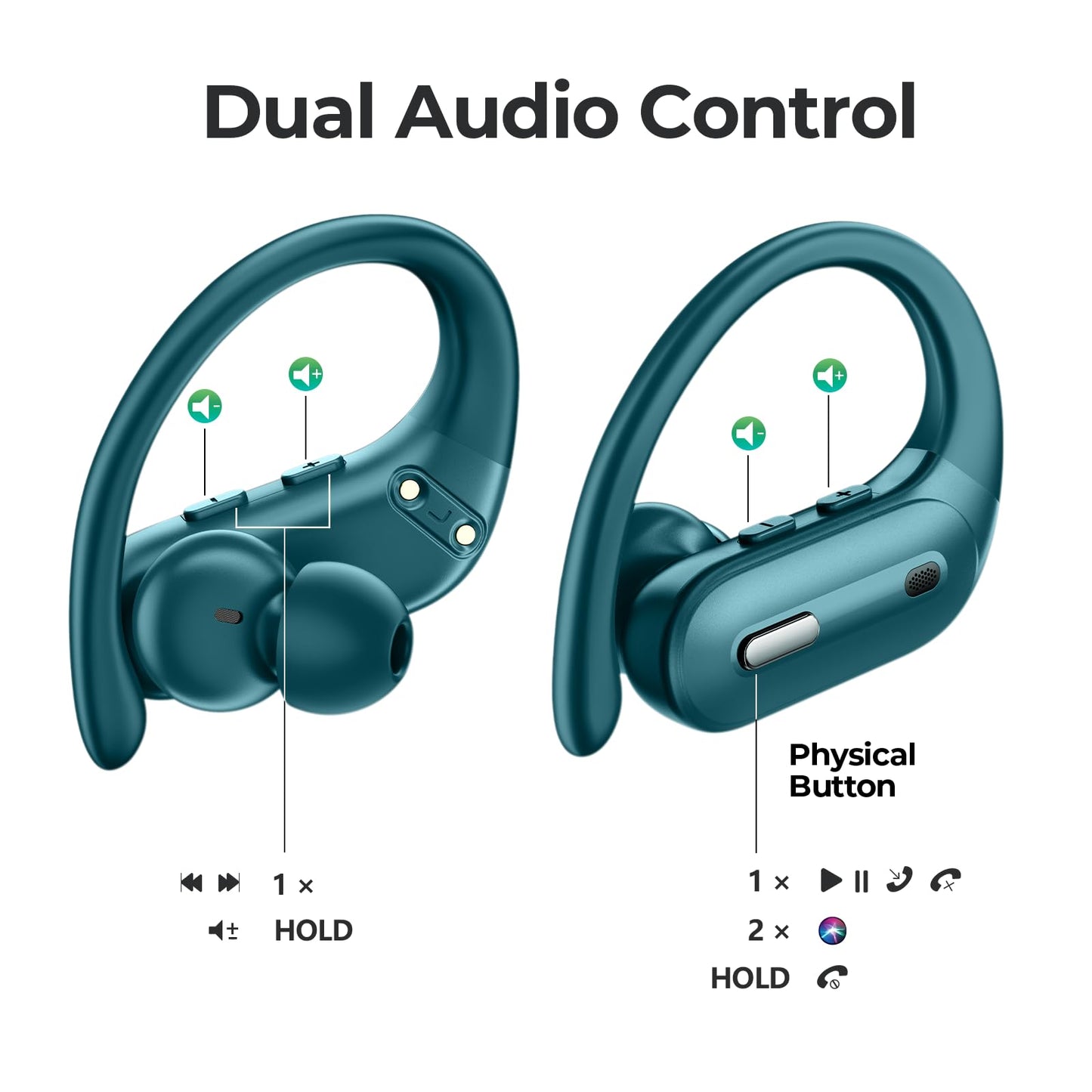 Bluetooth Headphones V5.3 Wireless Earbuds 90 Hrs Playtime Earbuds with Wireless Charging Case Power Display Over-ear Earphones with Earhooks Waterproof Stereo Headset for Android phone Workout Green