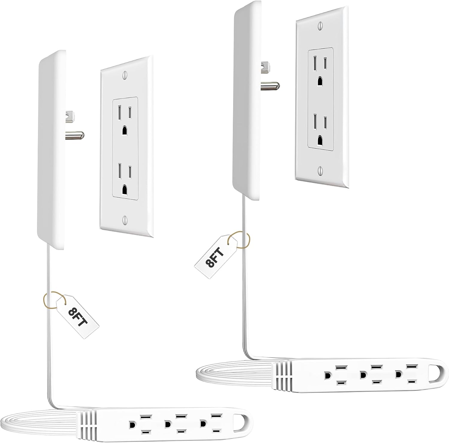 CABOCASA 2 Pack 8FT Ultra Flat Plug Extension Cord, 3 Outlets, White