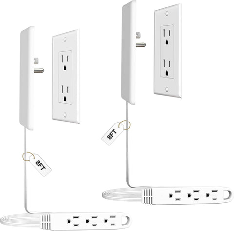 CABOCASA 2 Pack 8FT Ultra Flat Plug Extension Cord, 3 Outlets, White