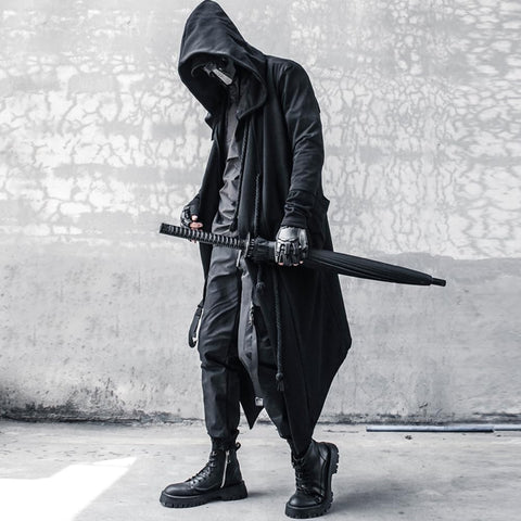 Gothic Cloak Long Hoodie Men Black Wizard Hoodies Streetwear Cardigan Hoodie Techwear Male