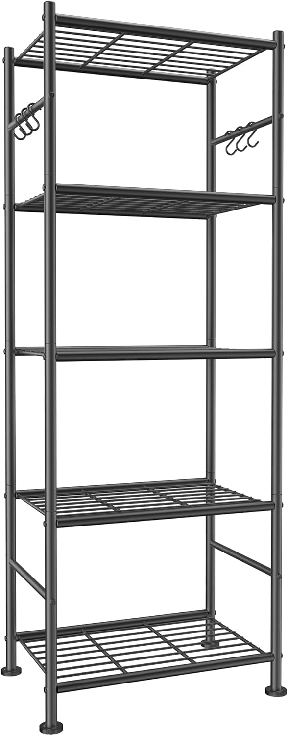 Sakugi 5-Tier Storage Rack Organizer with Hooks, Heavy Duty Metal Garage Rack with Leveling Feet, Freestanding Utility Rack for Bedroom, Balcony and Garage, 18.1"×12.4"×56.8", Black