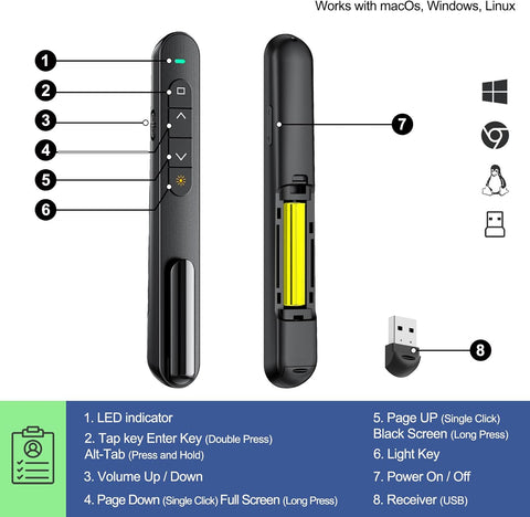 QUI Presentation Clicker with Volume Control, Wireless Presenter Remote