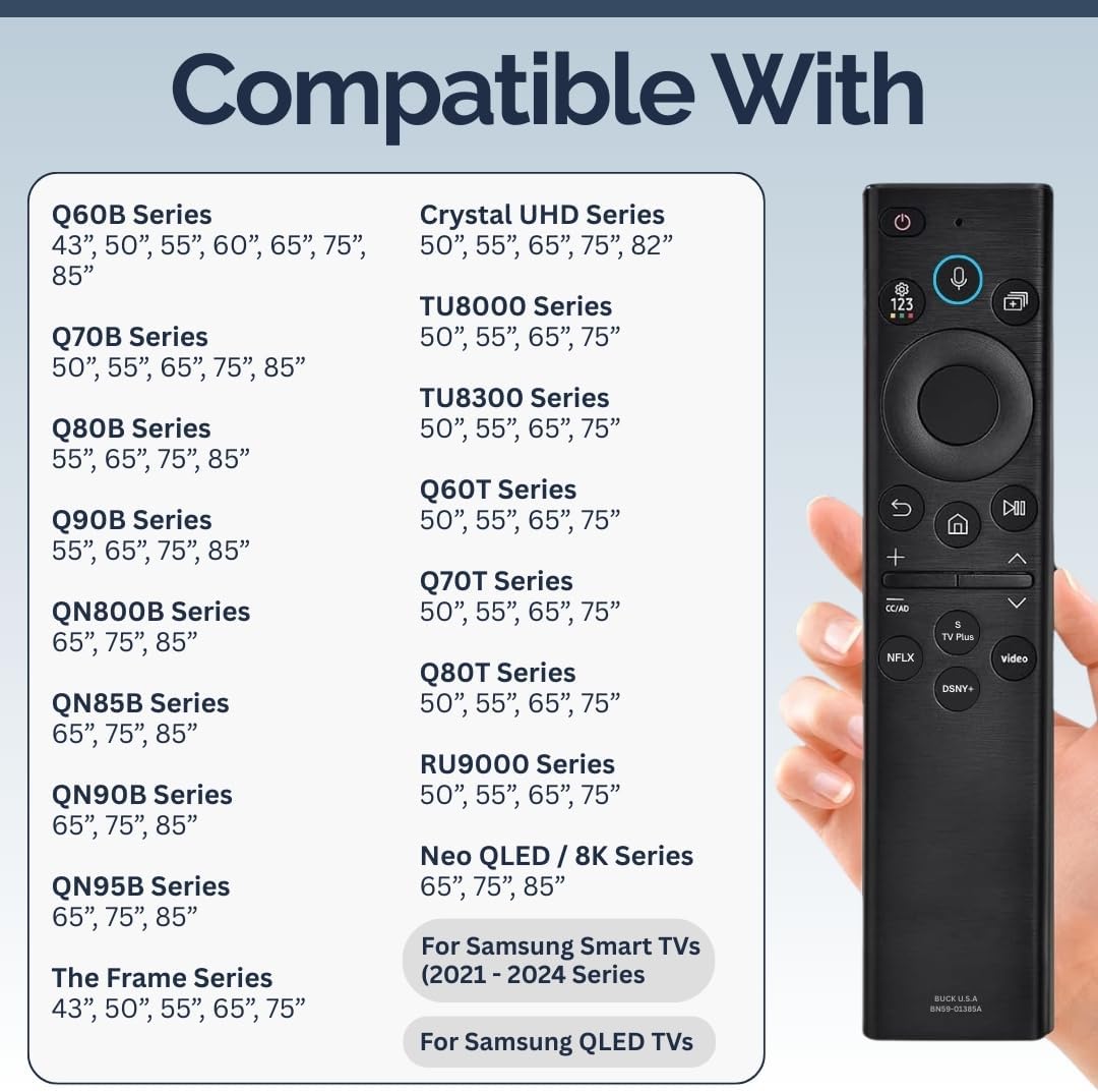 BN59-01385A Samsung TV Remote Control Replacement for Smart TV - Easy Setup, Universal Bluetooth/IR Voice Remote, No Solarcell - Works with Samsung QLED, Frame, Crystal UHD, 4K, & LED Smart TVs