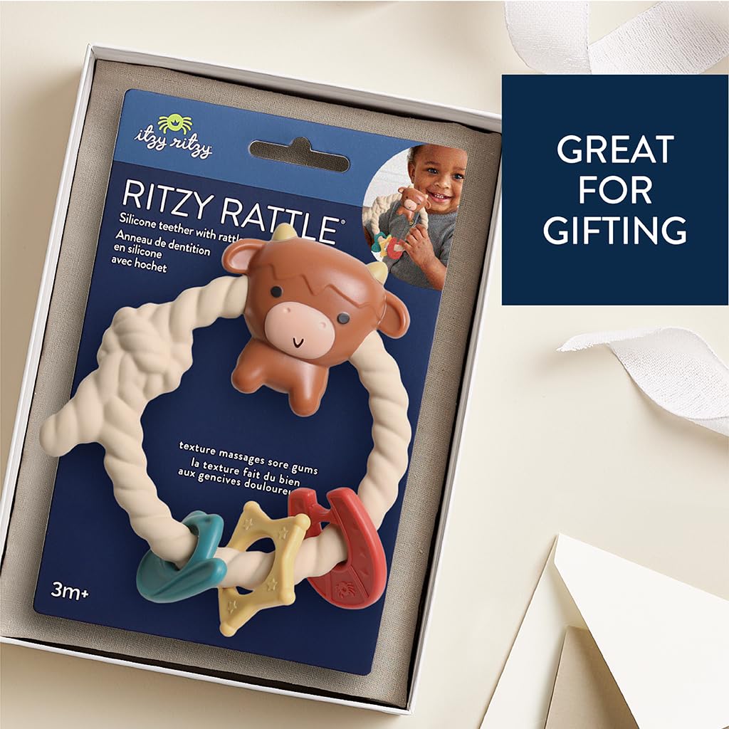 Itzy Ritzy Rattle Teether, Silicone Teething Toy w/ 3 Rings (Highland Cow)
