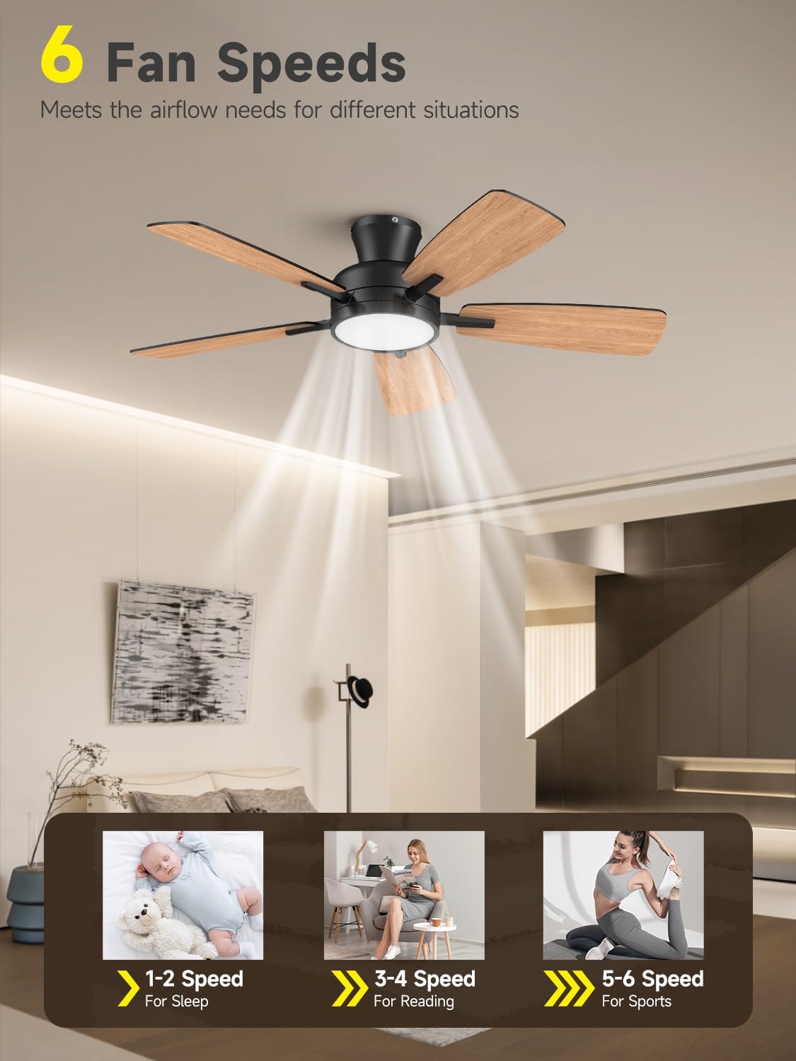 TALOYA Ceiling Fans with Lights and Remote, 46 Inch Low Profile Ceiling Fan with Light, Flush Mount, Reversible, 3CCT, Dimmable Black Modern Ceiling Fan for Bedroom, Living Room, Outdoor Patio