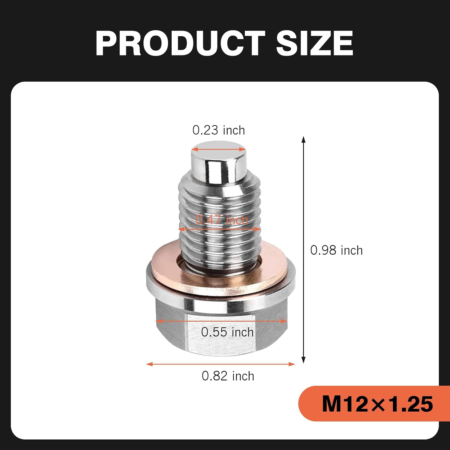 M12 x 1.25 Magnetic Oil Drain Plug, Magnetic Stainless Steel Oil Pan Drain Nut Bolt with 5 PCS Copper Crush Washer Anti Leakage, Universal Leak-proof Replacement,Fits Most Cars, Motorcycles, Boats