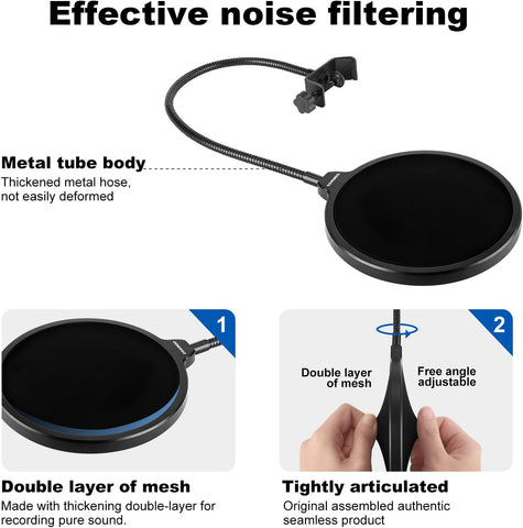 Aokeo Professional Microphone Pop Filter Mask Shield For Blue Yeti and Any Other Microphone,Mic Dual Layered Wind Pop Screen With Flexible 360° Gooseneck Clip Stabilizing Arm