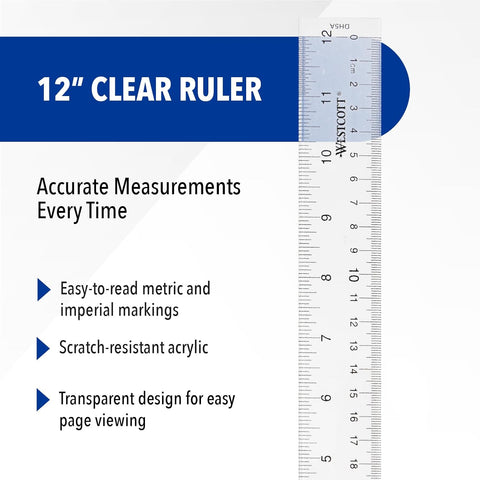 Westcott Acrylic Clear Ruler, Easy-to-Read Markings, Scratch-Resistant Design, Raised Beveled Edges, for Crafting, Office, Classroom, Back to School Supplies, 12-Inch