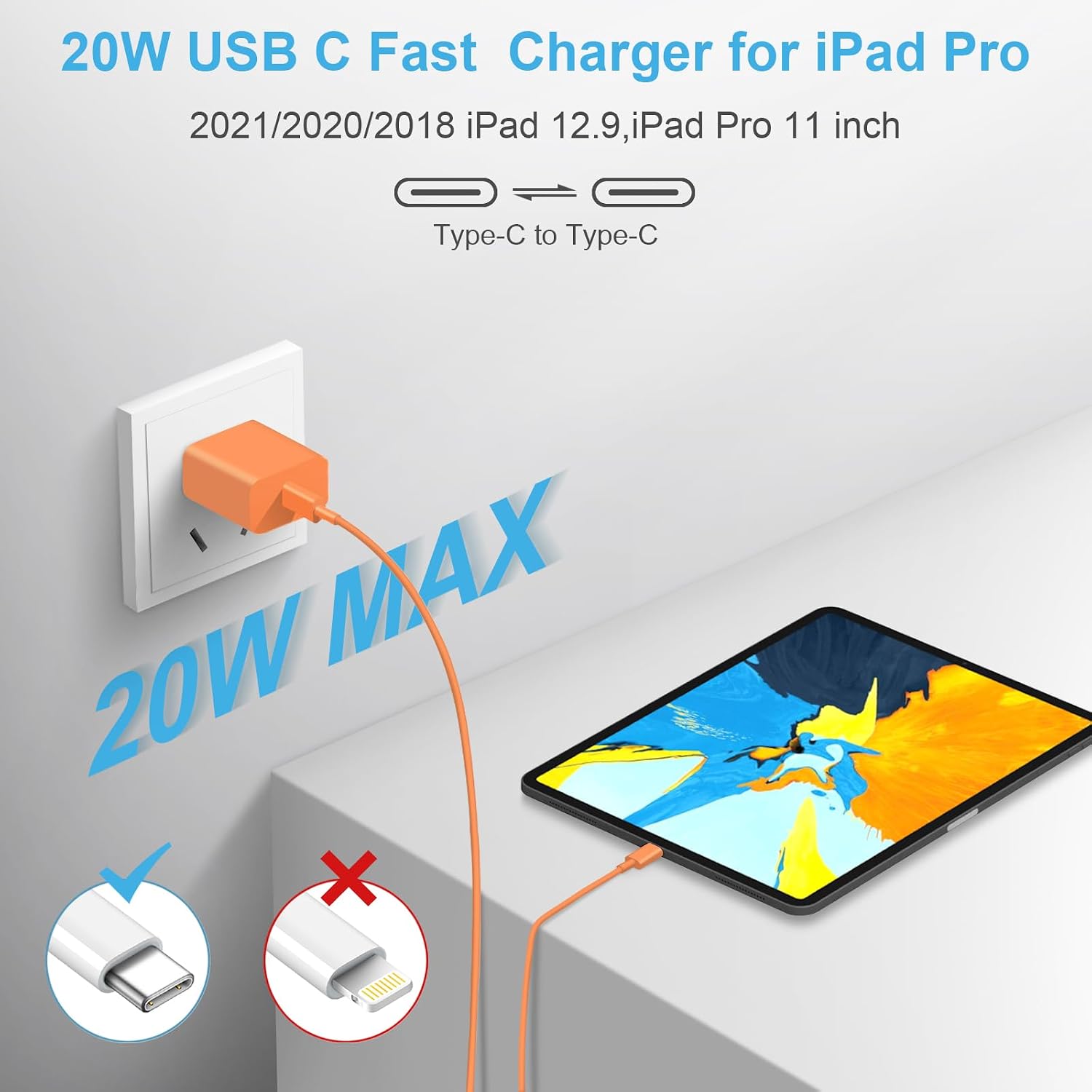 for iPhone 17 16 15 Charger Fast Charging 10FT Cable 20W USBC Cube Orange