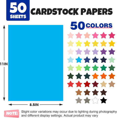 TUXIYA 50 Sheets 8.5" X 11" Colored Cardstock, 50 Colors Card Stock