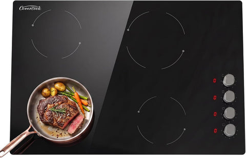 30 Inch Built-in Electric Ceramic Cooktop, Stove Top with 4 Burners, Radiant Heating, 9 Power Levels, Knob Control, 240V Hardwired