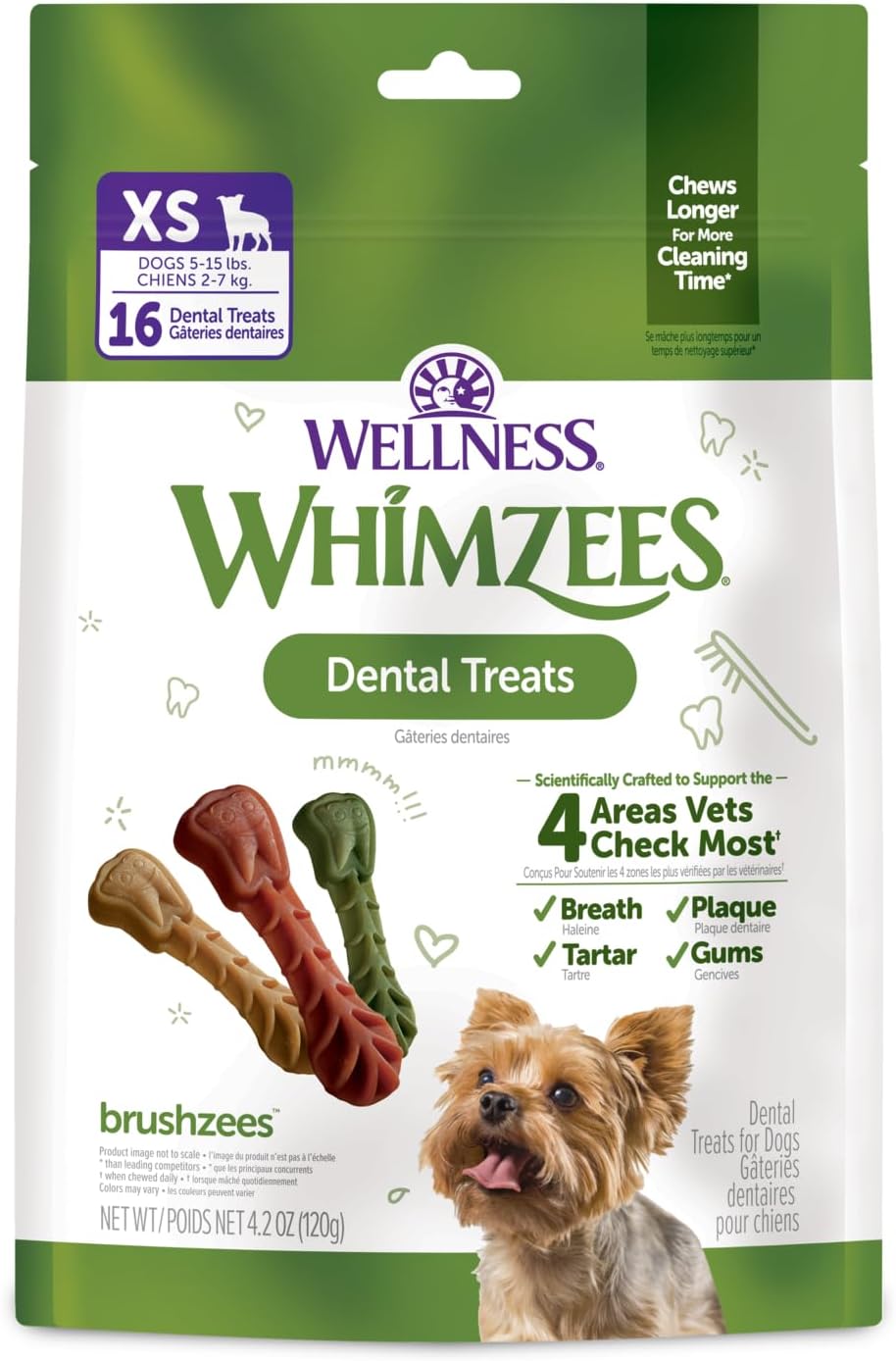 Wellness WHIMZEES Brushzees Natural Dog Dental Treat, VOHC Accepted Chews, Freshens Breath, Extra-Small Size, 4.2 oz Bag, 16 Count