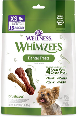 Wellness WHIMZEES Brushzees Natural Dog Dental Treat, VOHC Accepted Chews, Freshens Breath, Extra-Small Size, 4.2 oz Bag, 16 Count
