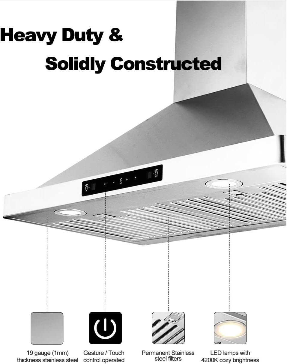 30 Inch Wall Mount Range Hood, Stainless Steel 800CFM DC Motor