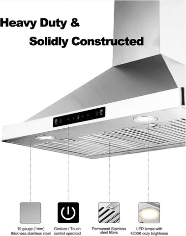 36 Inch Wall Mount Range Hood, Stainless Steel 800CFM DC Motor