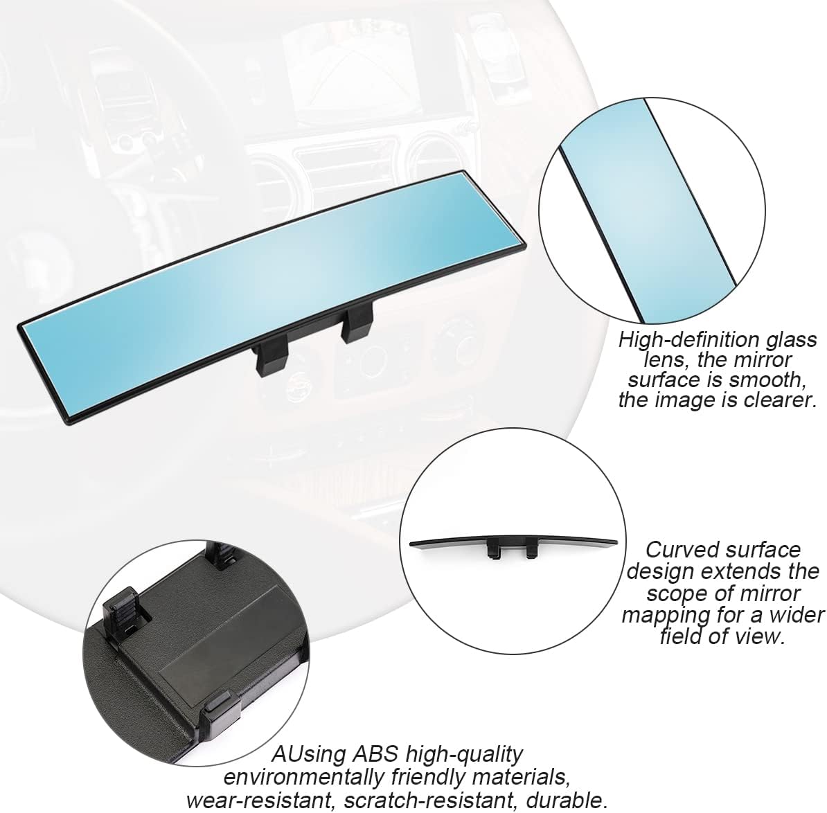 8sanlione 12 Inch Panoramic Car Rearview Mirror, Blue