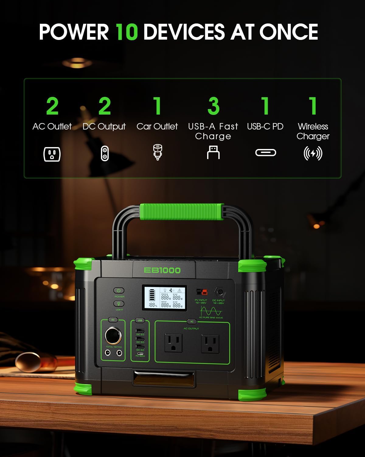 Portable Power Station 1000W 999Wh Solar Generator for Outdoor Camping