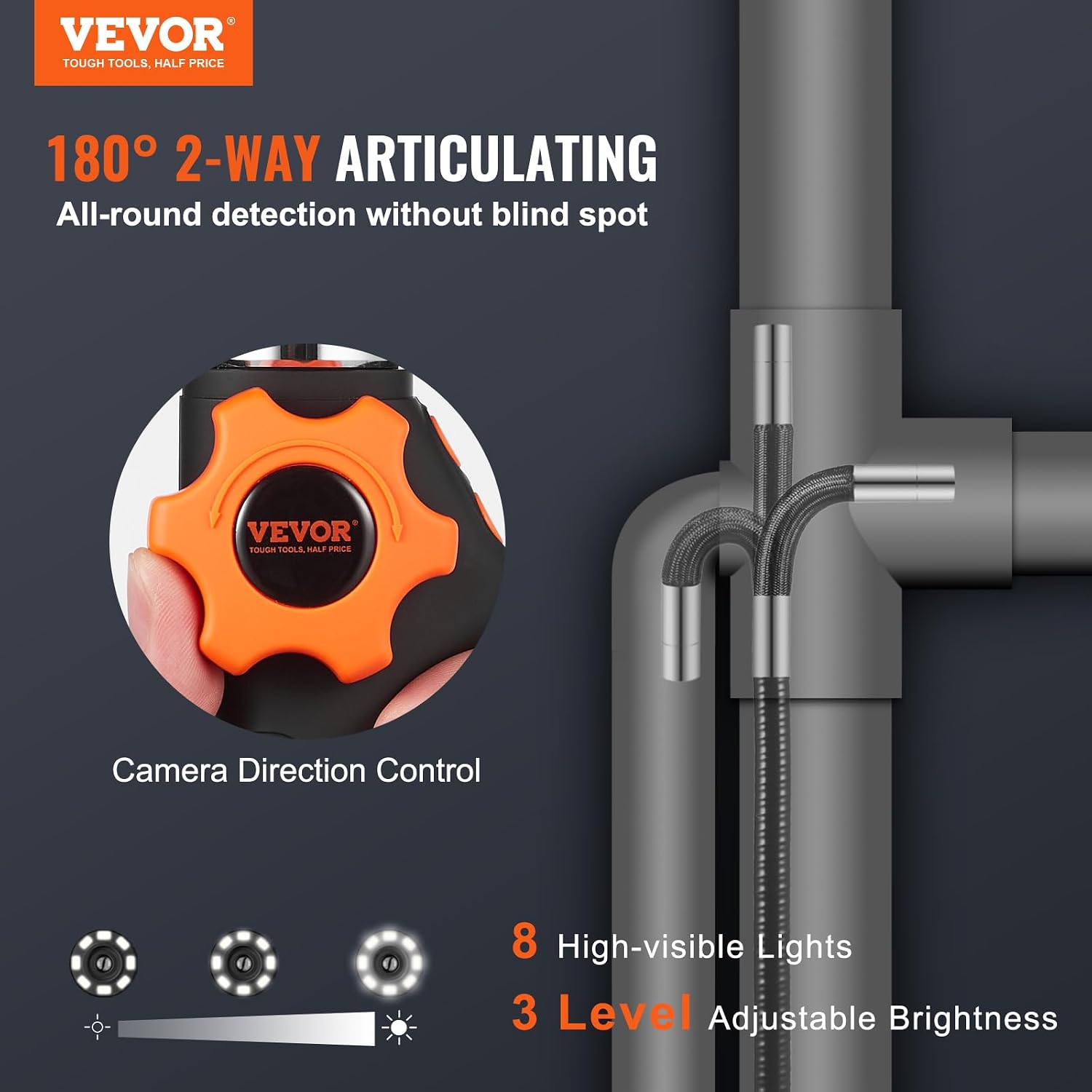 VEVOR 2-Way Articulating Borescope Camera with Light & 5" Screen