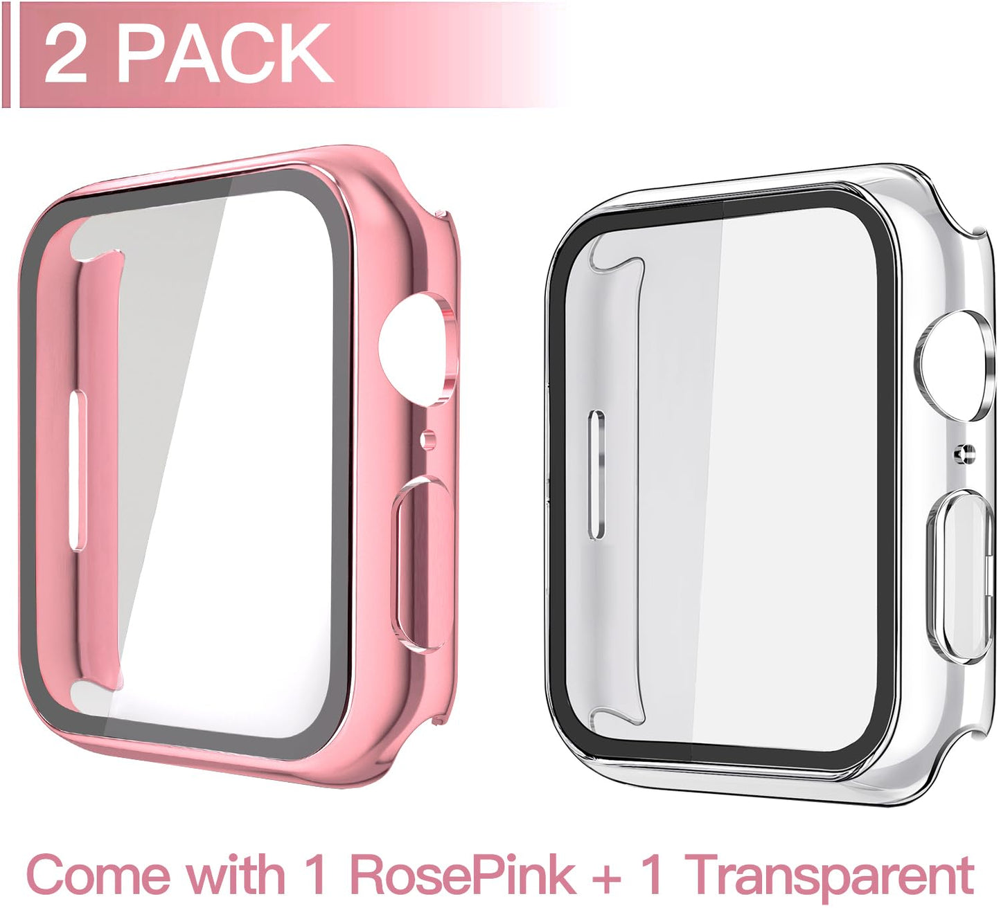 Misxi 2 Pack Hard PC Case with Tempered Glass Screen Protector Compatible with Apple Watch Series 9 (2023) Series 8 Series 7 41mm, Ultra-Thin Cover for iWatch S9/S8/S7, 1 Rose Pink + 1 Transparent