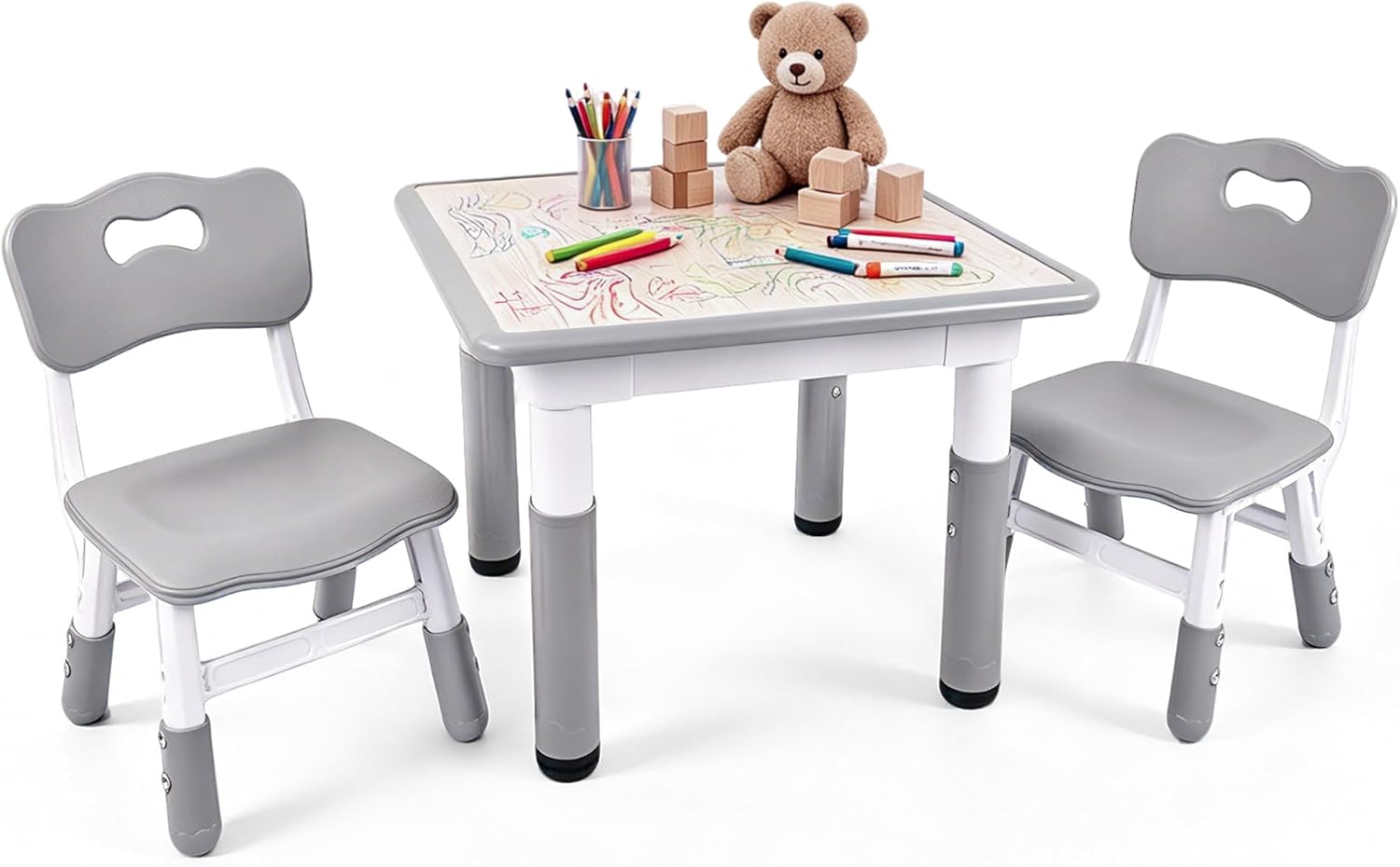 Pterying Toddler Table and Chair Set, Graffiti Tabletop, 2 Chairs, Grey