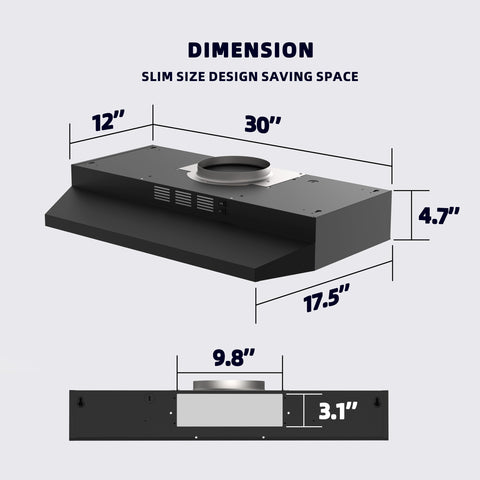 FIREGAS Black Range Hood 30 inch Under Cabinet, Ducted/Ductless Convertible Kitchen Hood, Stainless Steel Stove Vent Hood with 2 Speed Exhaust Fan, Rocker Button Control, 300 CFM Powerful Suction