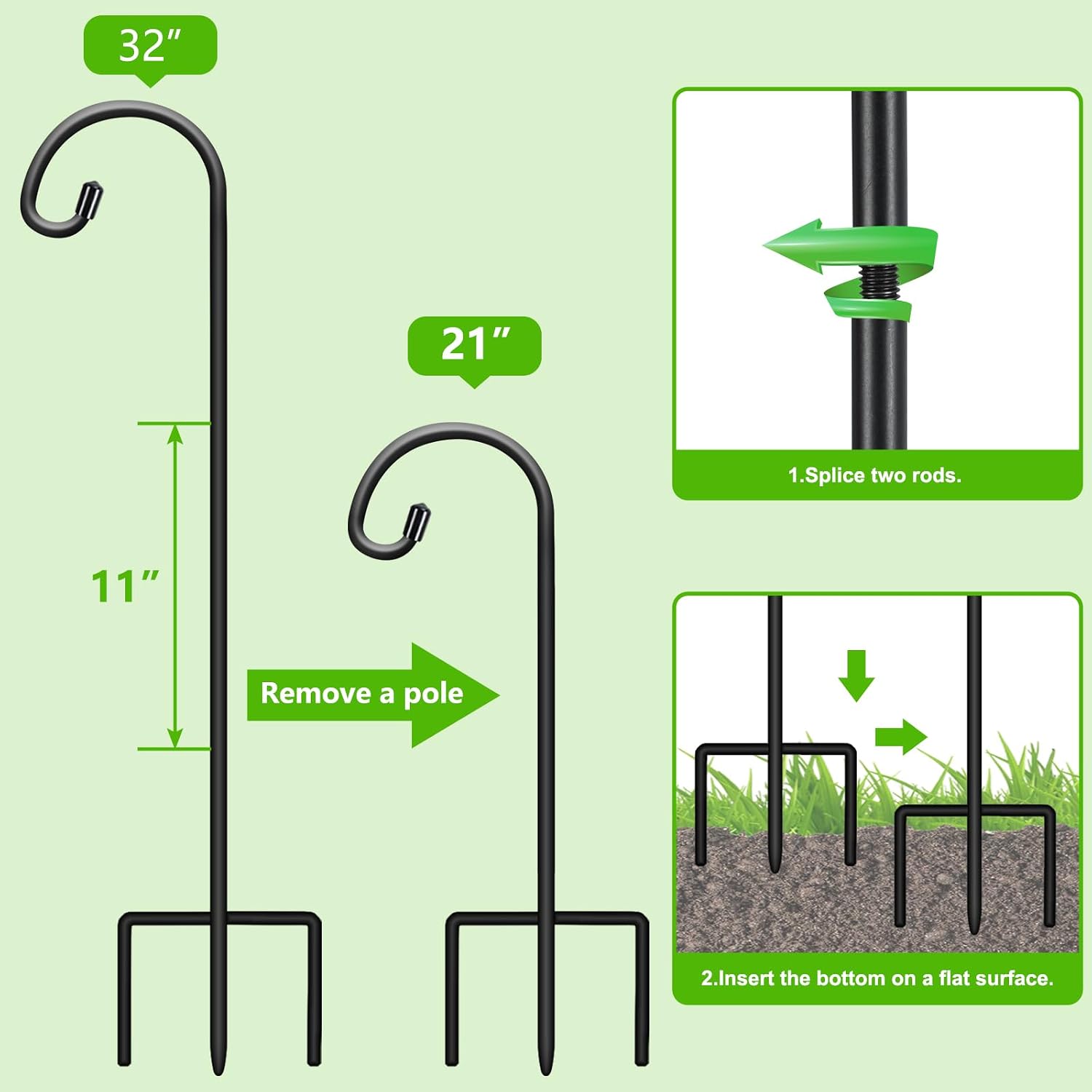 FEED GARDEN 32" Small Shepherd Hooks for Outdoor,Adjustable Decorative Garden Hooks for Solar Lanterns, Hanging Plants, Wind Chimes & Garden Decor, 2 Pack