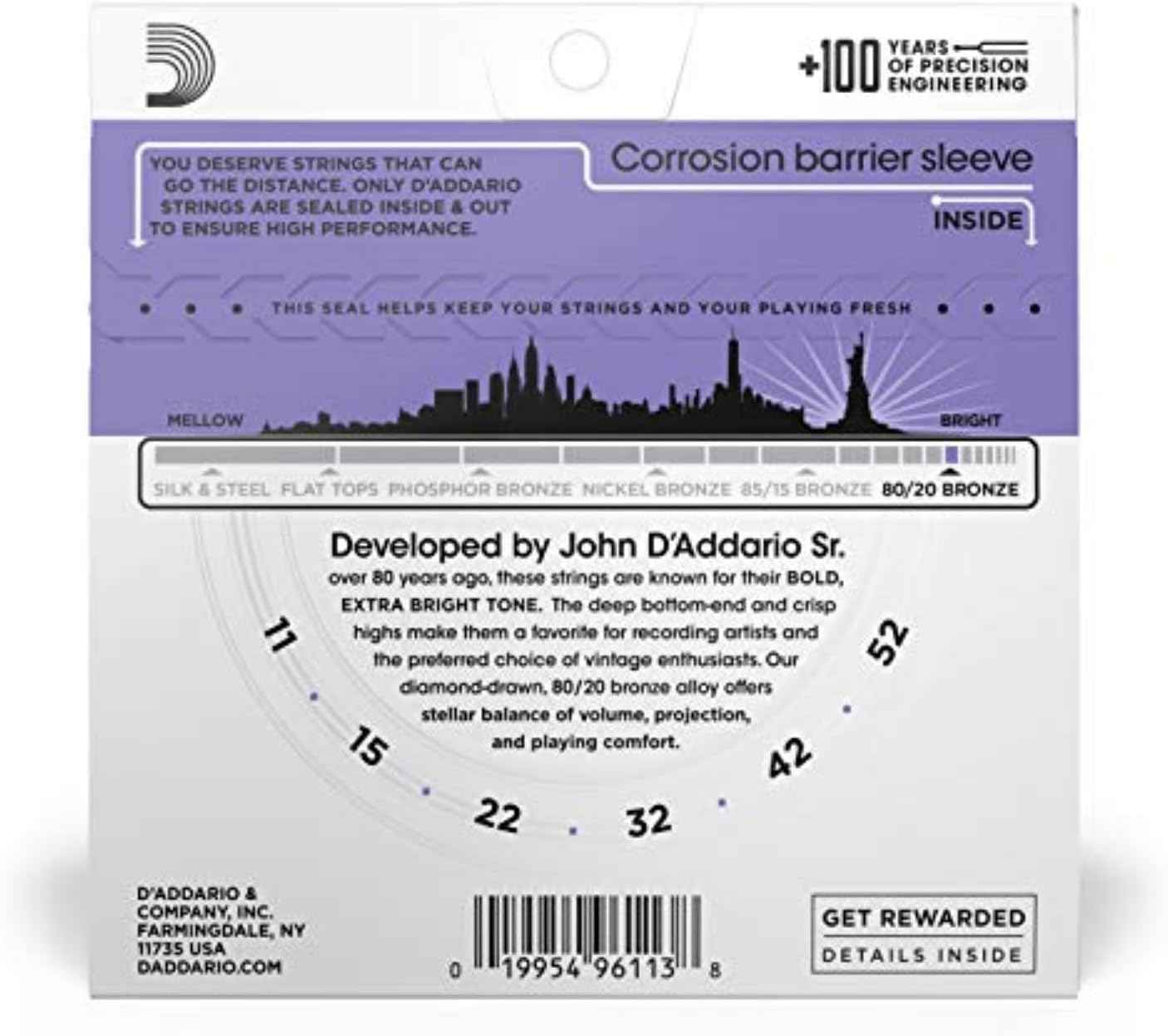 D'Addario EJ13 80/20 Bronze Acoustic Guitar Strings, Custom Light 11-52