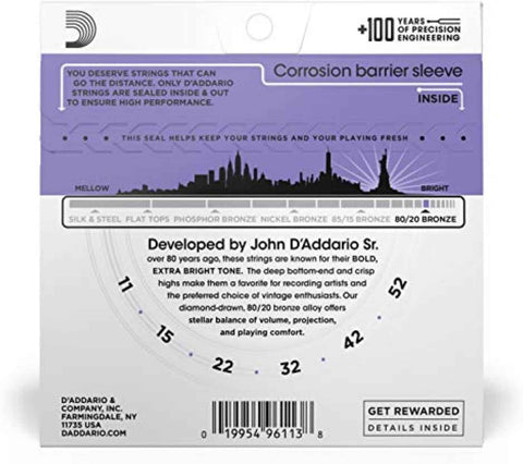 D'Addario EJ13 80/20 Bronze Acoustic Guitar Strings, Custom Light 11-52